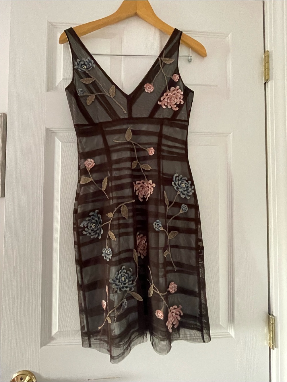 BCBGMaxAzria Black Sheer Midi Dress with Pink & Blue Floral Embroidery